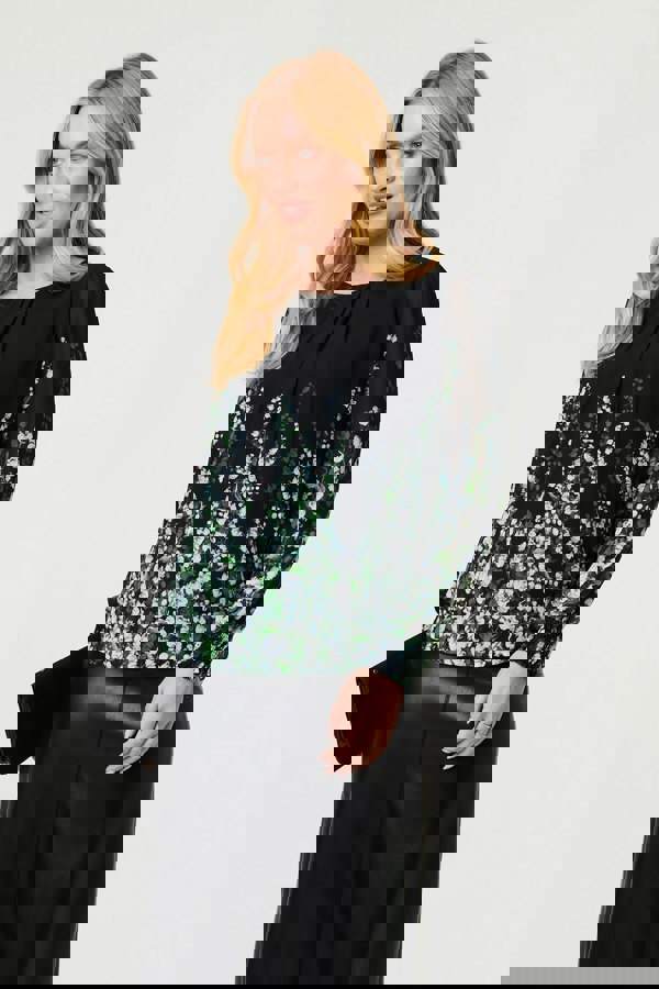 Black | Floral Long Sleeve Semi Sheer Blouse
