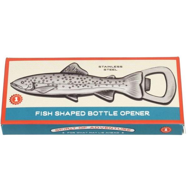 A rectangular cardboard gift box for a fish-shaped bottle opener, featuring a blue and red retro design with an illustration of a spotted trout.