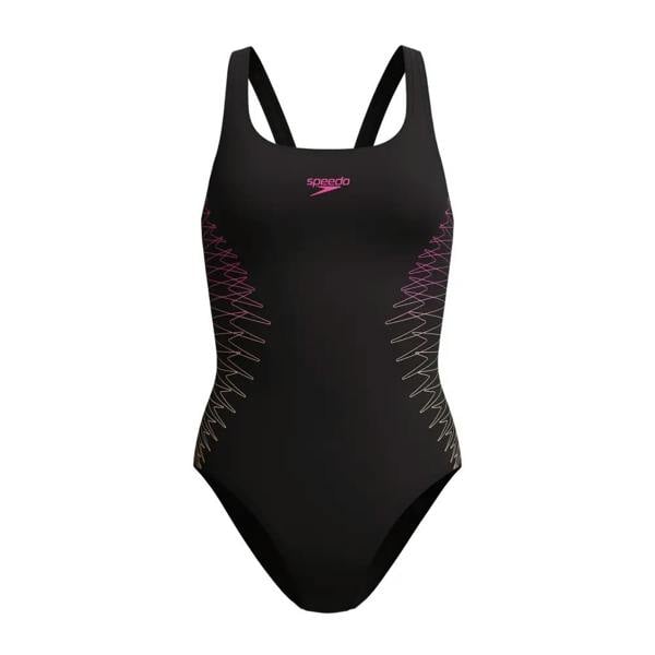 Black Speedo placement muscleback swimsuit with pink geometric back