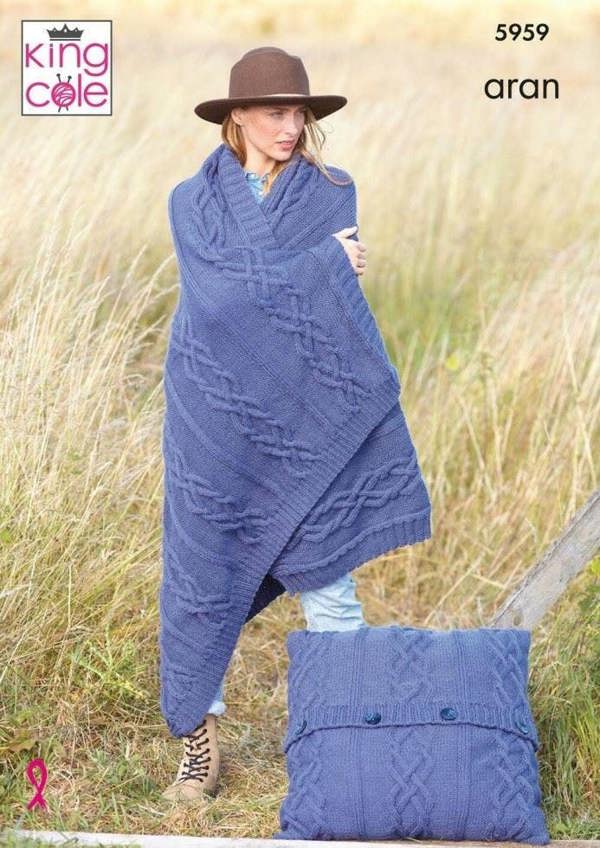 King Cole Wool Aran Knitting Pattern 5959, Blankets, Cushions One Size
