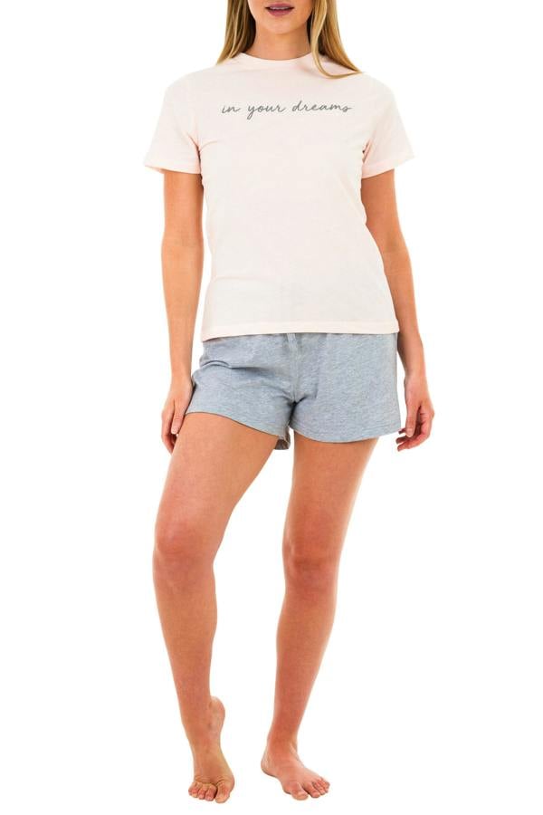 Women's Stylish Slogan Tee and Shorts Pyjama Set - Pink/Grey