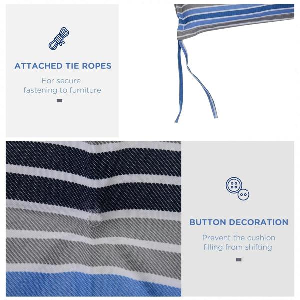 Blue and gray striped cushion detail showing attached tie ropes and button accents