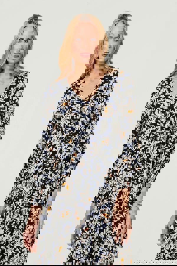 Navy | Floral Long Sleeve Trim Maxi Dress