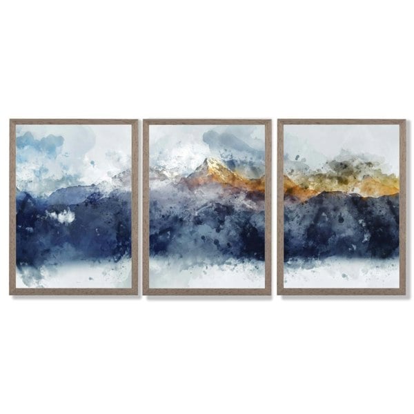 Artze Wall Art Framed Set of 3 Blue Yellow Mountain Art Prints