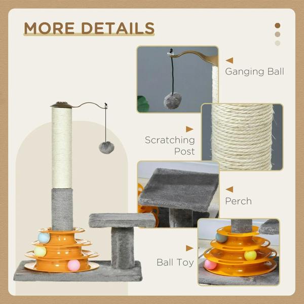 Grey cat tree tower details: hanging ball, scratching post, perch, and ball toy