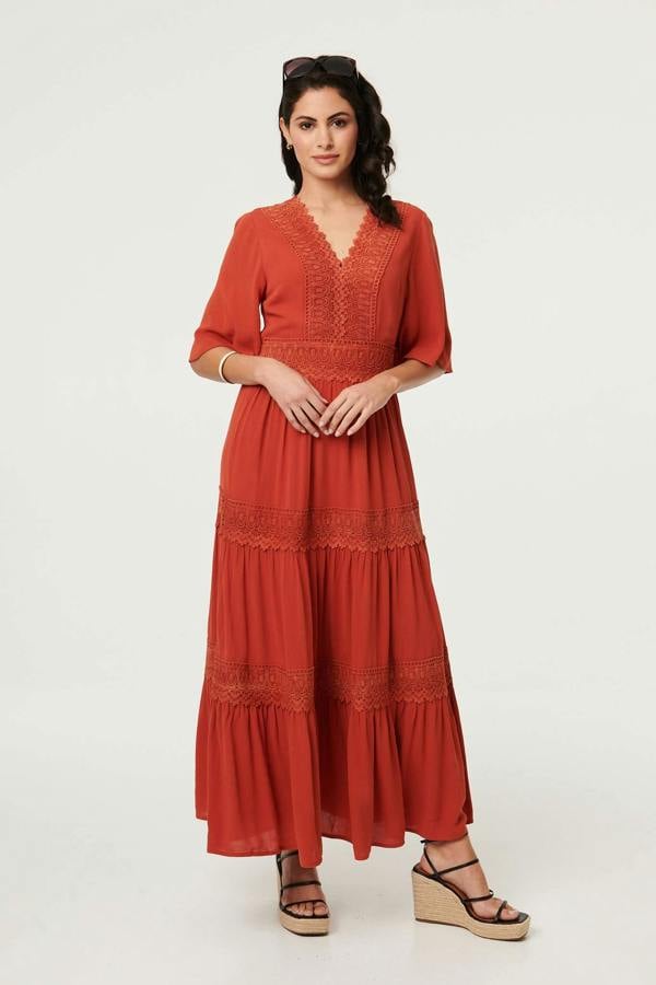 Orange | Lace Trim Tiered 1/2 Sleeve Maxi Dress