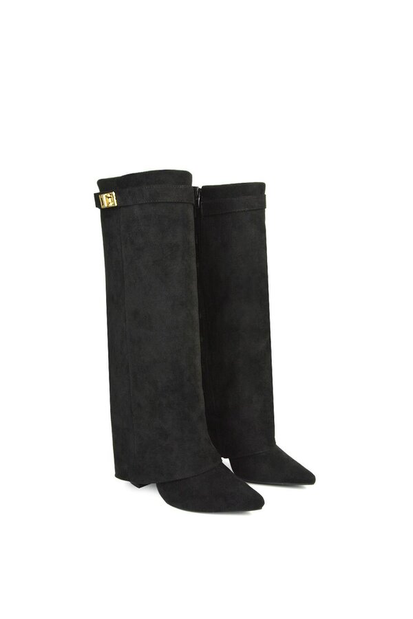 XY LONDON Block Heel Knee High Foldover Boots With Pointed Toe