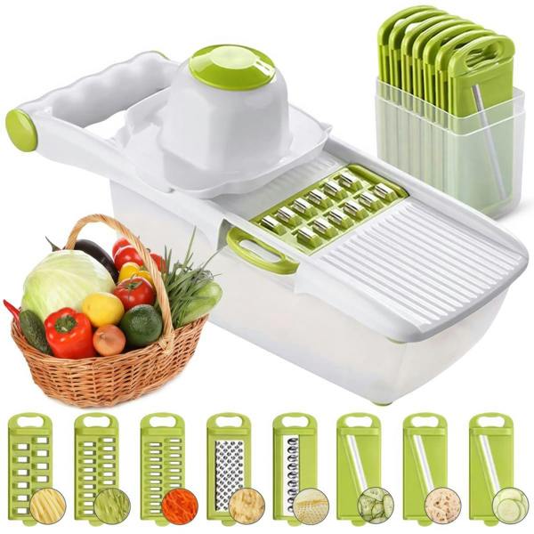 ADOV All in 1 Mandoline Slicer, Fruit and Vegetable Cutter with 8 Stainless Steel Blades, Food Container and Hand Guard