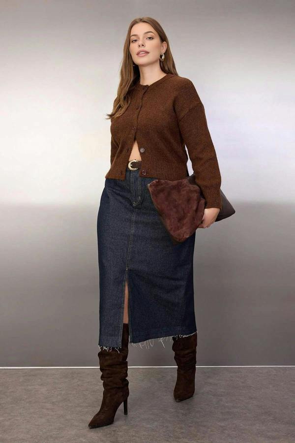 WOVCOR Front Slit Midi Length 100% Cotton Non-Stretch Plus Size Denim Skirt