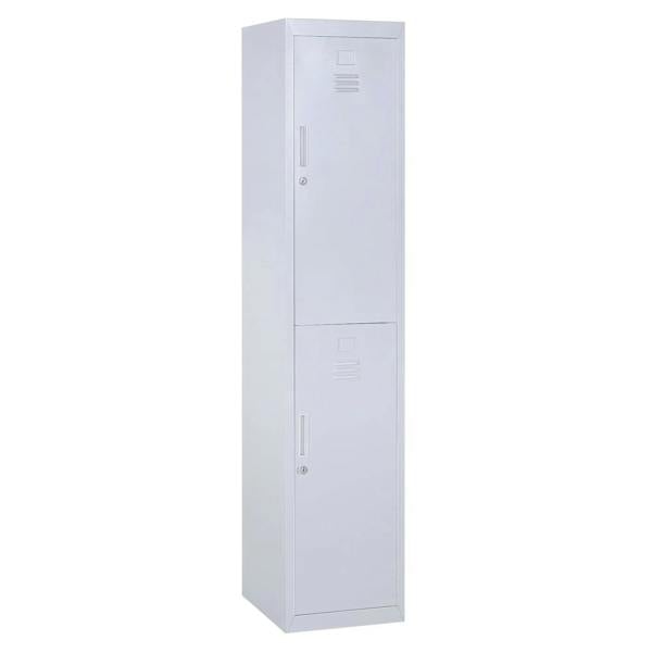 Grey vertical steel locker cabinet with two stacked doors and built-in shelves