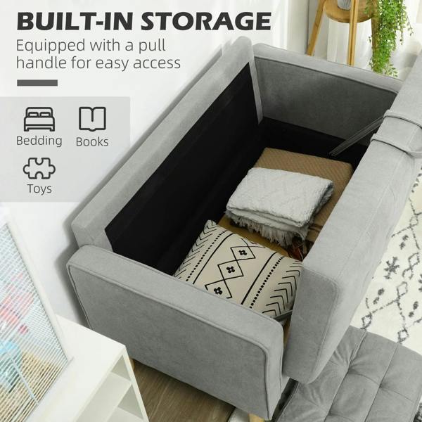 Light grey 2-seat sofa with open hidden storage compartment and padded interior