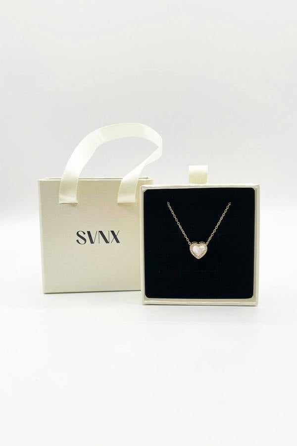 SVNX Diamante & Seashell Heart Necklace in Gold - Gift Boxed