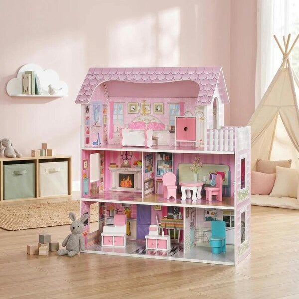 Dolls House, 6 Rooms Modern Dollhouse with LED Lights, 8 Furniture Pieces, 3-Level Playhouse Gift for Kids 3-6 Years