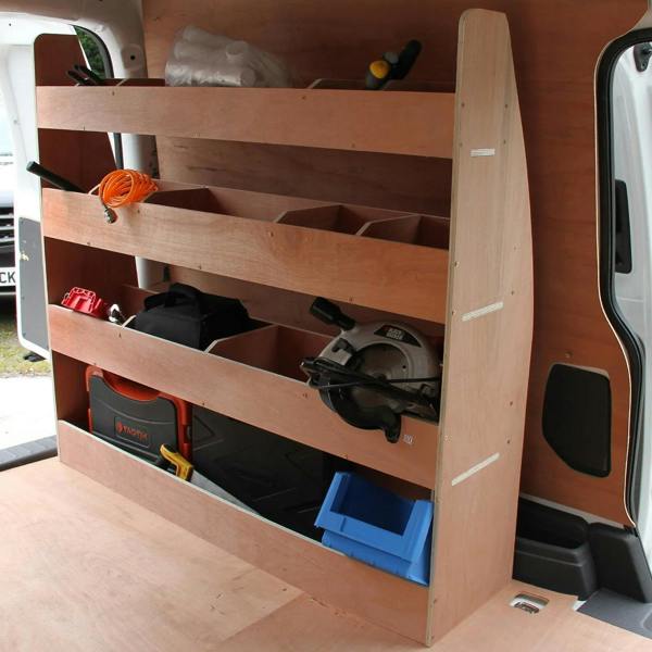 Wooden van rack with multiple compartments, neatly organized tools, and equipment, designed for efficient transport and storage