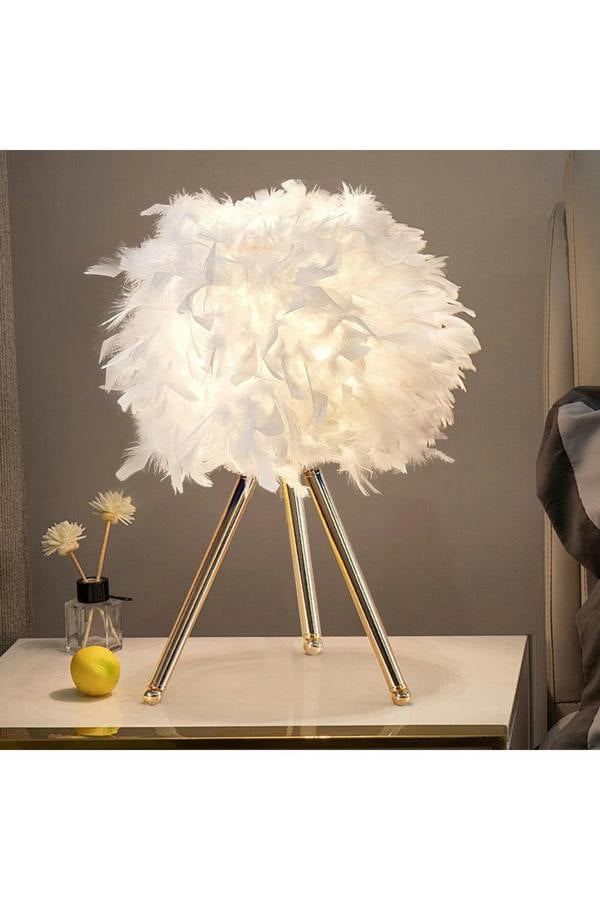 White Feather Lampshade Tripod Table Lamp Fixtures Decor - Warm Light