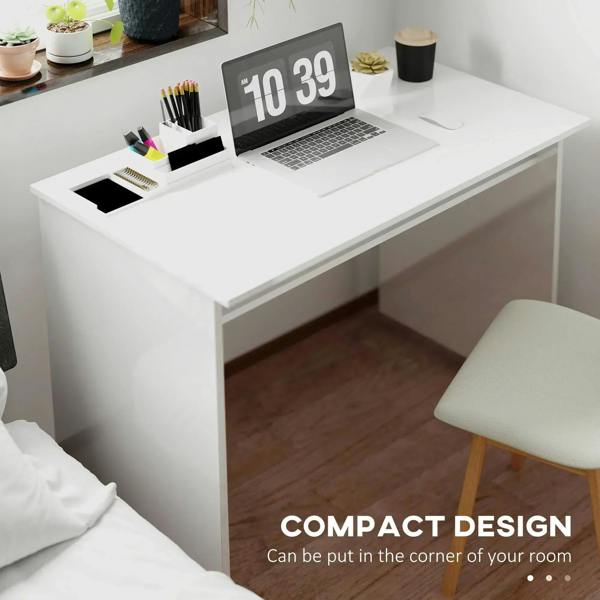 White compact desk with open shelf below and high-gloss tabletop