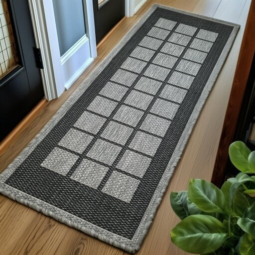 Viva Rugs Non-Slip Black Grey Rug Geometric Border Design Flat Weave Kitchen Dining Room Living Room Area Mat