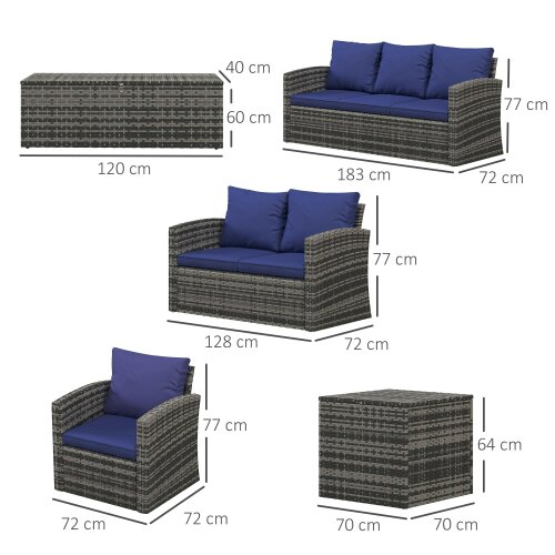 Wyld Haus Resuno Grey Rattan Navy Blue 7 Seater Outdoor Sofa Set With Storage Tables