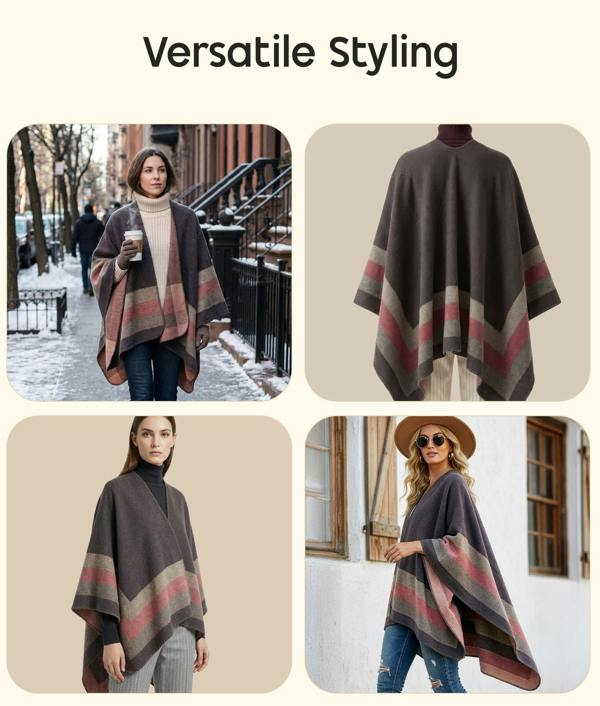 VIA MONTEN Women’s Vintage Plaid Poncho Shawl, Colour Block Knit Cape Wrap for Fall and Winter Layering