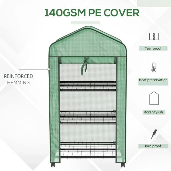Green three-tier mini greenhouse with arched top and black wire shelves, enclosed cover