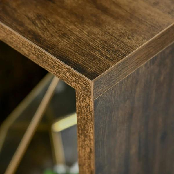 Rustic brown bookcase corner and shelf edge, wood grain texture detail