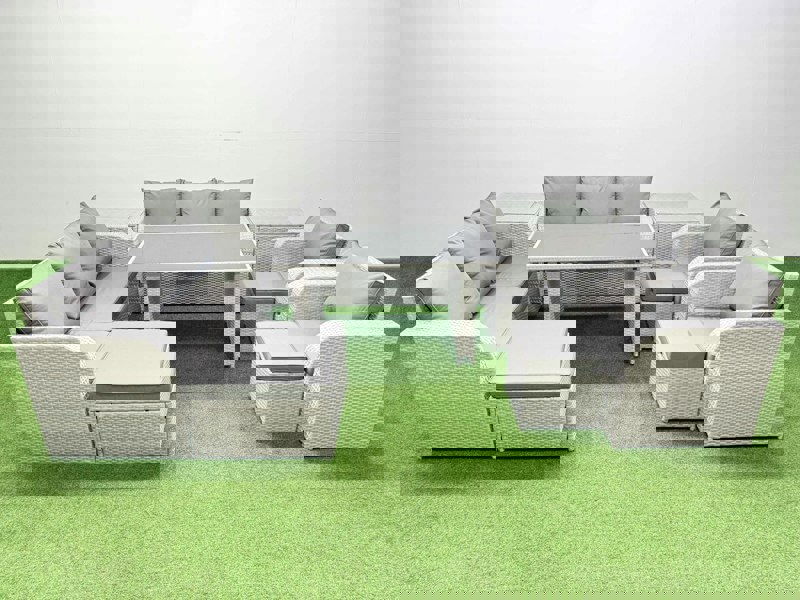 Fimous 11 Seater Wicker PE Rattan Furniture Outdoor Dining Table 3 Seater Sofa Reclining Chair Set with 2 Side Tables 3 Stools Light Grey