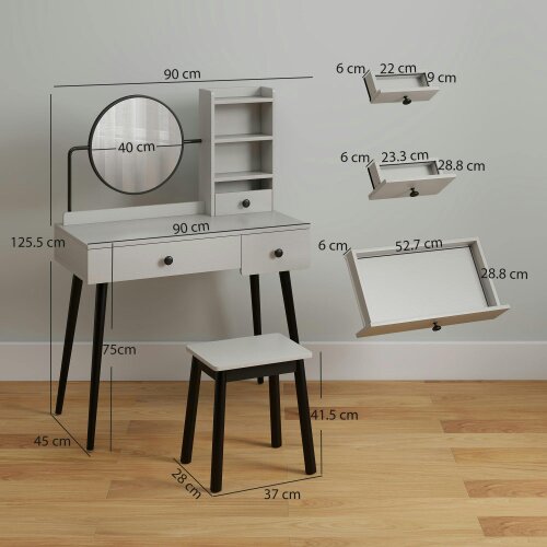 Wyld Haus Ravato Grey Dressing Table And Stool Set With 3 Drawers And Open Shelving
