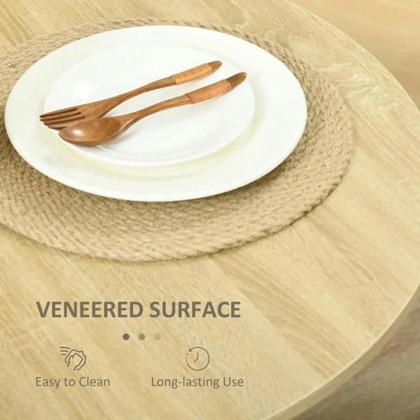 Oak veneered tabletop with visible wood grain and smooth finish at round edge