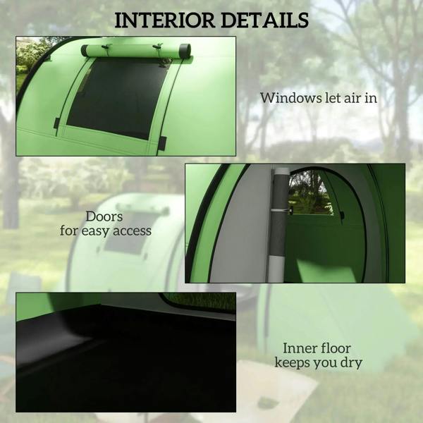 Green tent interior details showing door, window vents, and inner floor panel