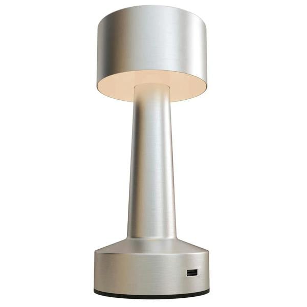 Silver cordless table lamp with cylindrical shade, tall pillar body, round base, touch control panel