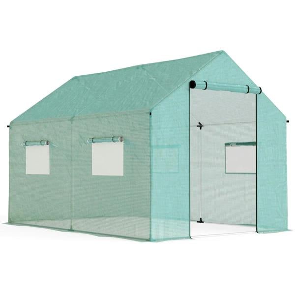 Green walk-in polytunnel greenhouse with dual front doors and mesh windows