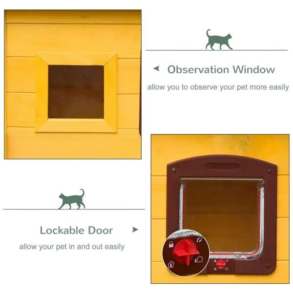 Yellow wooden cat house with observation window and lockable door