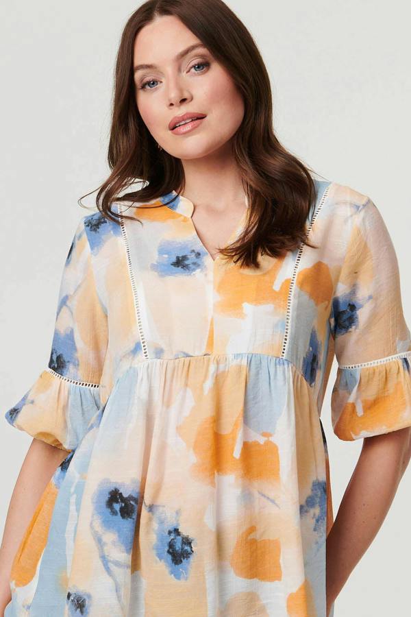 Blue | Printed 1/2 Sleeve Ruched Relaxed Blouse