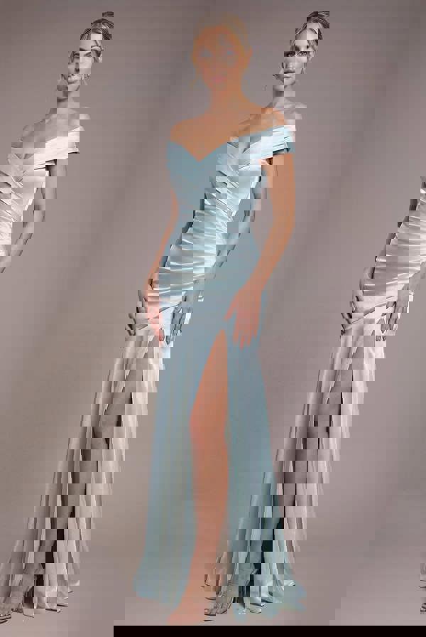 Satin Off Shoulder Pleated Maxi Dress - Sage Green DR3731