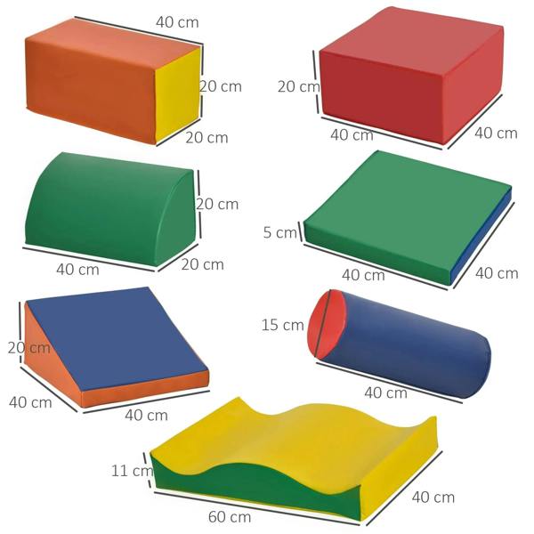 Foam block set with measured curved ramp, cube, and mat pieces in red and blue