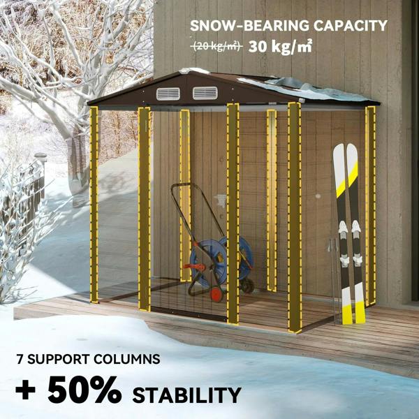 Oak metal garden shed with reinforced support columns and snow-ready design