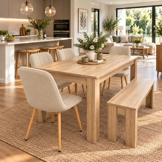 Kosy Koala Rectangular Dining Table Set with 4 Beige Velvet Chairs & Bench, Light Wood-Effect, 117cm