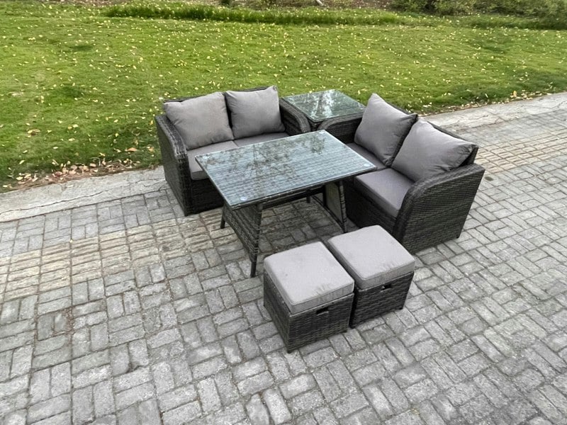 Fimous Outdoor Garden Furniture Sets 6 Pieces Wicker Rattan Furniture Sofa Sets with Rectangular Dining Table Love Sofa 2 Small Footstool Side Table