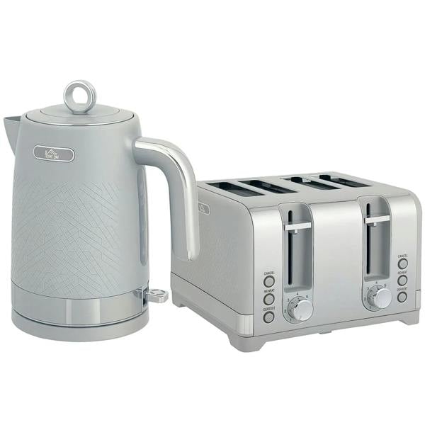 Grey textured kettle and four-slice toaster set with brushed metal accents