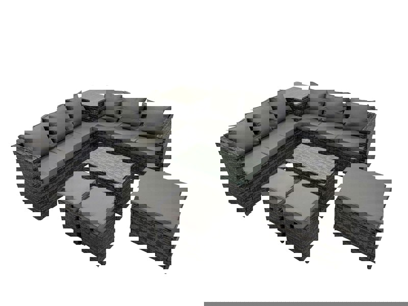 Fimous 9 Seater Garden Outdoor Rattan Furniture Set Patio Corner Sofa Rectangular Coffee Table with Side Table 3 Stool Dark Grey