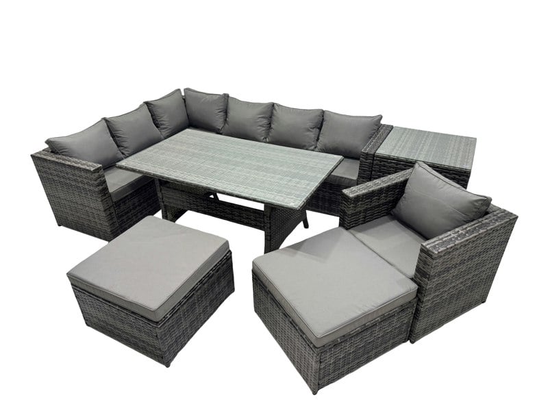 Fimous Outdoor PE Rattan Sofa Set with Dining Table Patio Garden Furniture Sets with Side Table 2 Big Stool Dark Grey Mixed