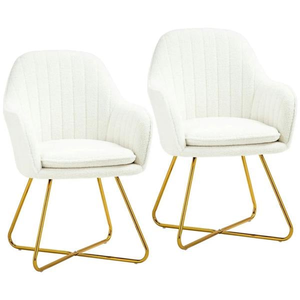 Set of two cream sherpa fleece dining chairs with gold metal sled base