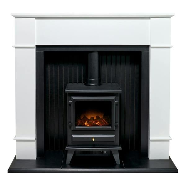 Adam Oxford Stove Fireplace in Pure White with Hudson Electric Stove in Black, 48 Inch