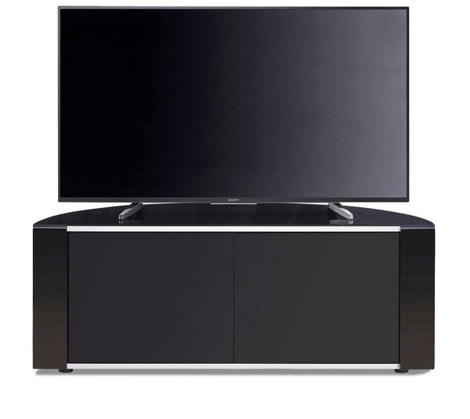 MDA Designs Sirius 1200 Remote Friendly Beam Thru Glass Door Gloss Black with Black Front Profiles up to 55" LCD/Plasma/LED Cabinet TV Stand