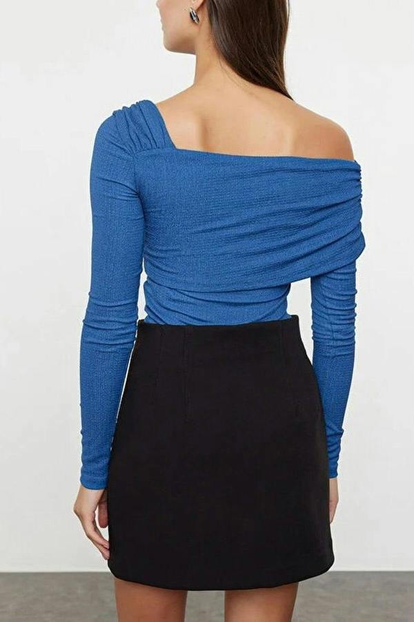 WOVCOR Asymmetrical Collar Draped Knit Bodysuit