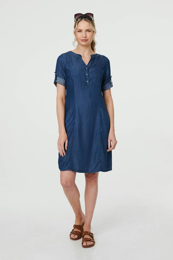 Blue | Denim Relaxed Button-Front Short Dress
