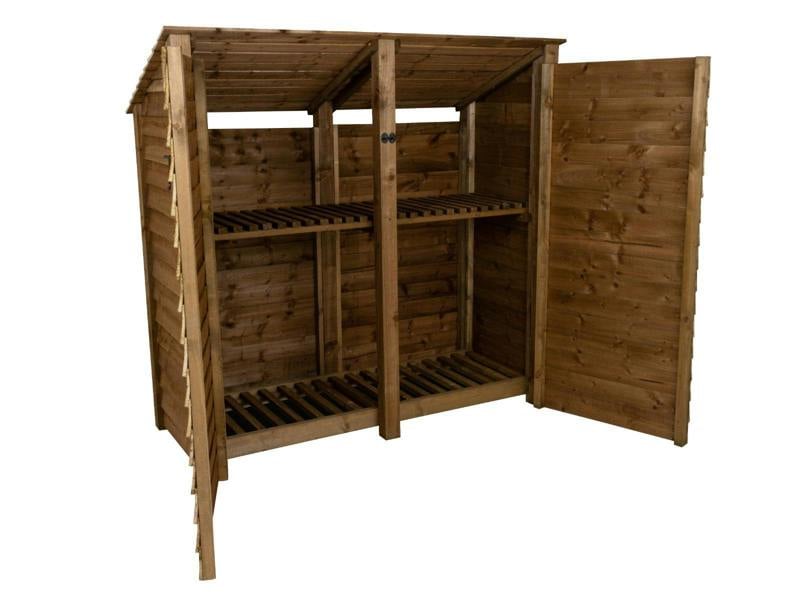 Arbor Garden Solutions Wooden Log Store (Roof Sloping Back) with Doors and Shelf W-187cm, H-126cm or 180cm, D-88cm - Brown Finish