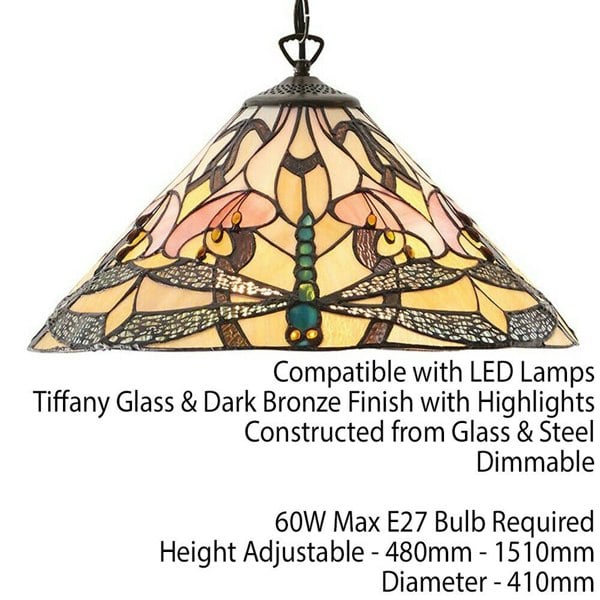 Tiffany Glass Hanging Ceiling Pendant Light Bronze Dragonfly 3 Lamp Shade i00073 Loops
