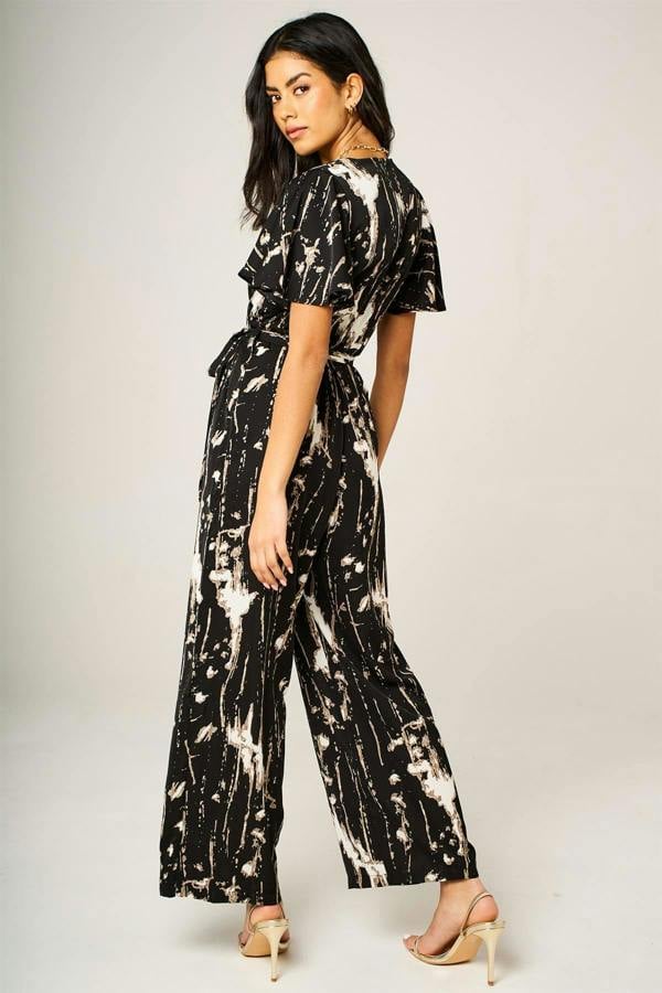 FS Collection Bleach Effect Print Wrap Top Jumpsuit In Black