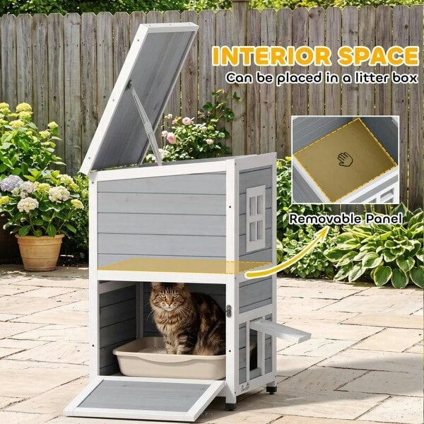 Wooden Cat House 2-Floor Outdoor Kitten Shelter with 3 Doors and Window Grey